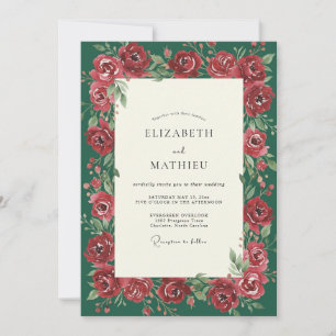 Emerald Burgundy Peony Wedding Invitation