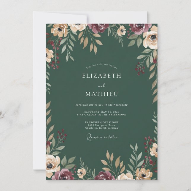 Emerald Burgundy Ranunculus Eucalyptus Wedding Invitation (Front)