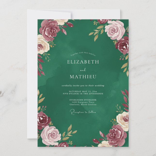 Emerald Burgundy Ranunculus Sage Wedding Invitation (Front)