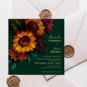 Emerald & Burnt Orange Sunflower Floral Wedding Invitation