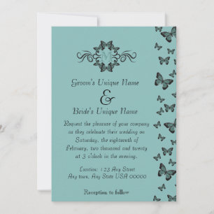 Emerald Butterflies Monogram Wedding Invitation