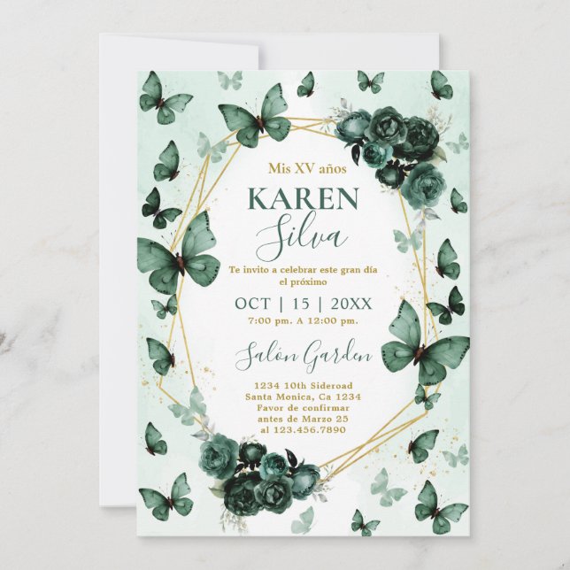 Emerald Butterfly Quinceanera Invitation (Front)