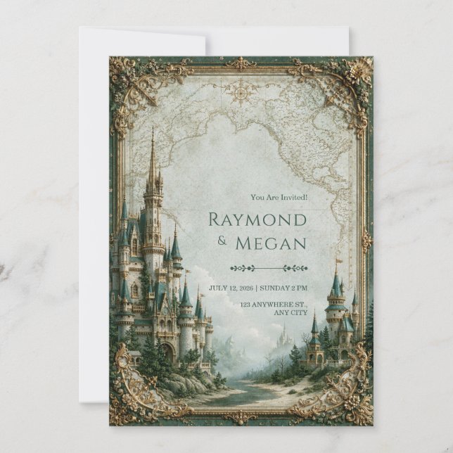 Emerald Castle Map Wedding Invitation (Front)