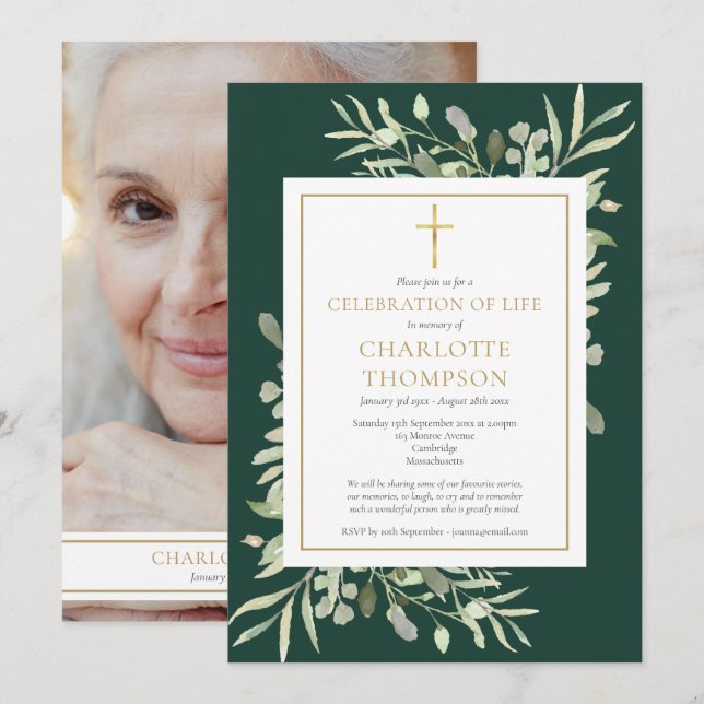Emerald Celebration of Life Funeral Photo Invitation (Front/Back)
