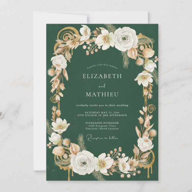 Emerald Champagne Leafy Wedding Invitation (Front)