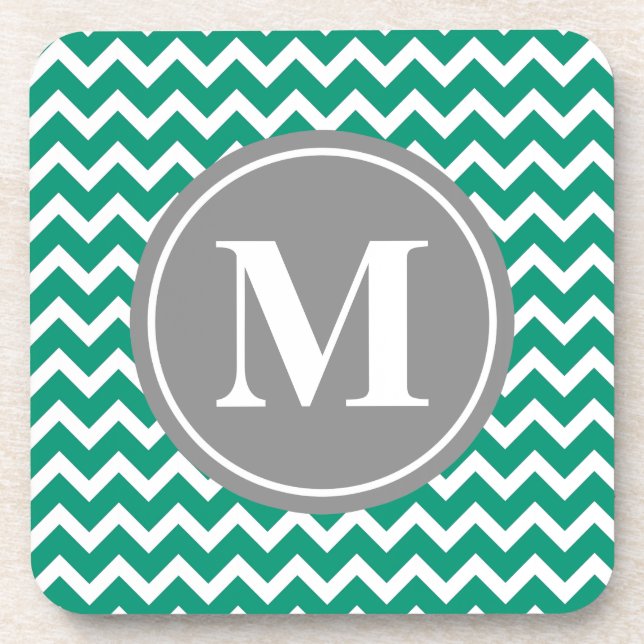 Emerald Chevron Pattern Grey Monogram Coaster (Front)
