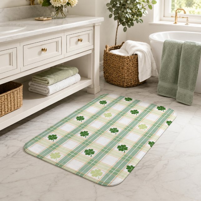 Emerald Clover Plaid Charming Green Shamrock Bath Mat (Creator Uploaded)