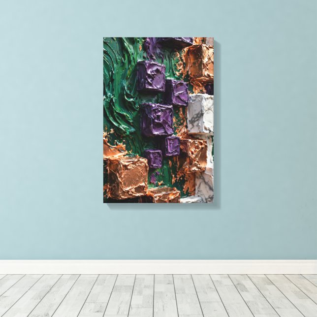 Emerald Copper Cubes - Vertical 3D Impasto Abstrac Canvas Print (Insitu(Wood Floor))
