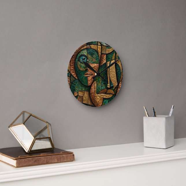 Emerald Copper Gold Cubist Triple Faces Round Clock (Office)