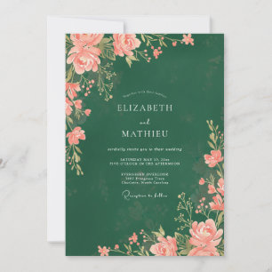 Emerald Coral Leaf Wedding Invitation