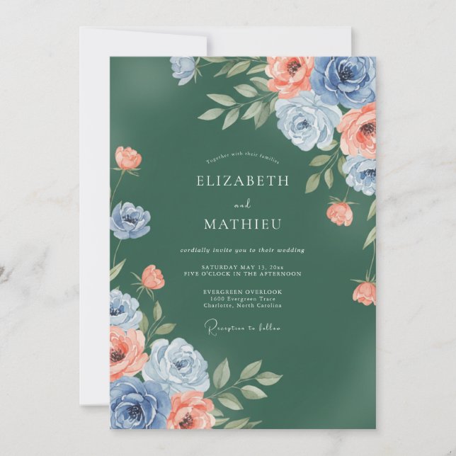 Emerald Coral Ranunculus Eucalyptus Wedding Invitation (Front)