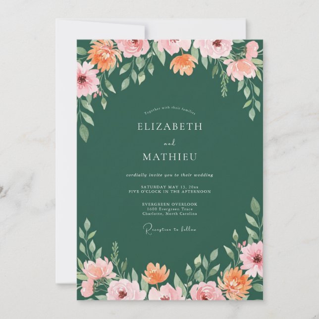 Emerald Coral Wildflower Wedding Invitation (Front)