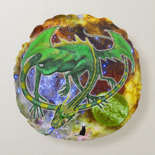 Emerald Cosmic Dragon Round Cushion