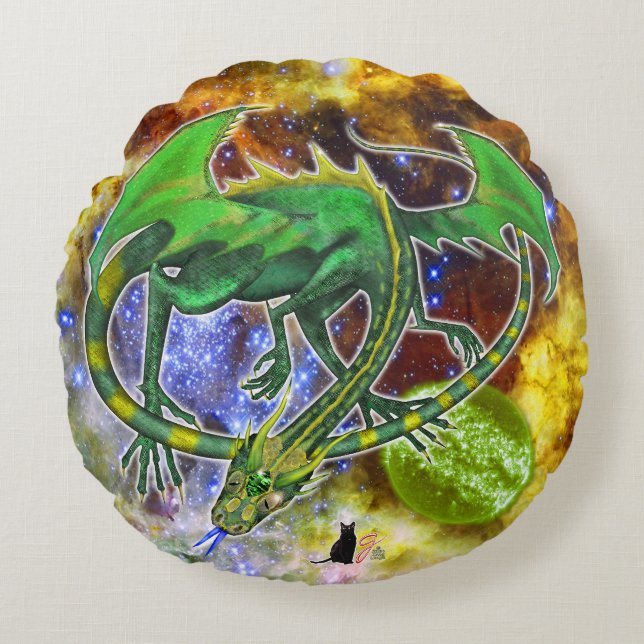 Emerald Cosmic Dragon  Round Cushion (Front)