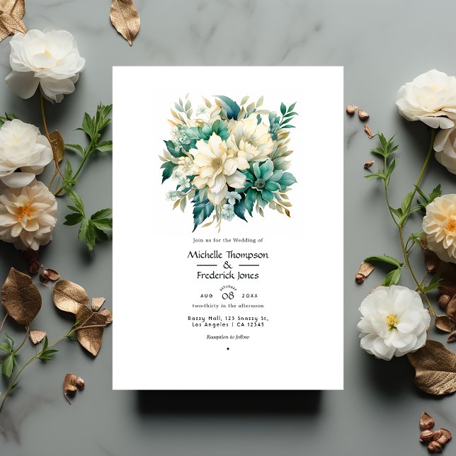 Emerald, Cream, and Gold Floral Wedding Invitation (Creator Uploaded)