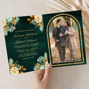 Emerald Cream Floral Gold QR Code Photo Wedding Invitation