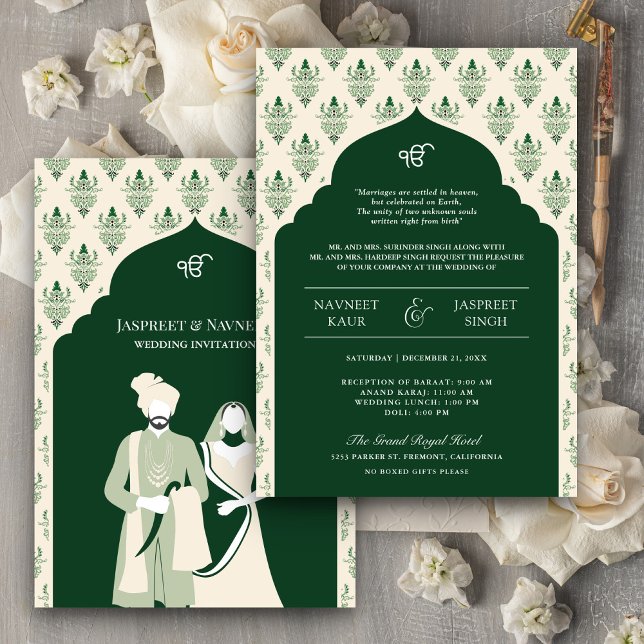 Emerald Cream Punjabi Anand Karaj Sikh Wedding Invitation (Creator Uploaded)
