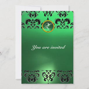 EMERALD DAMASK GEM STONE MONOGRAM green black Invitation