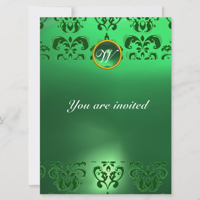 EMERALD DAMASK GEM STONE MONOGRAM green Invitation (Front)
