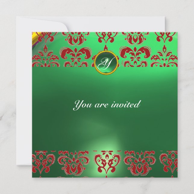 EMERALD DAMASK GEM STONE MONOGRAM green red Invitation (Front)