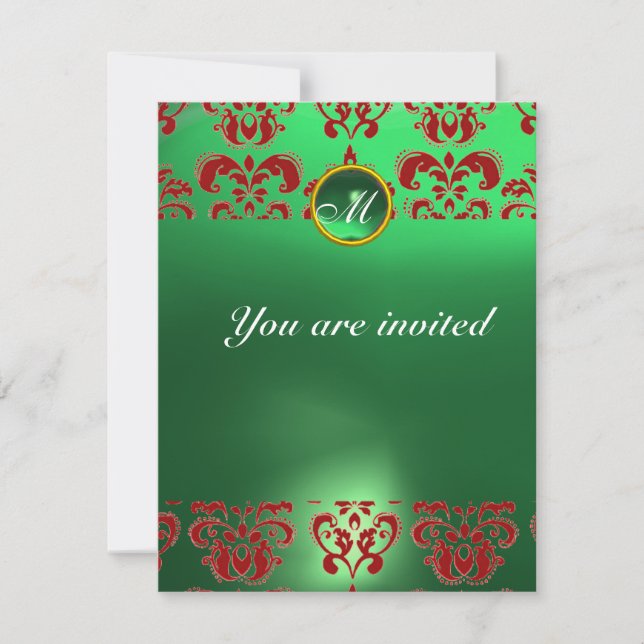 EMERALD DAMASK GEM STONE MONOGRAM green red Invitation (Front)