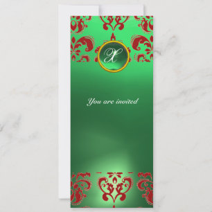 EMERALD DAMASK GEM STONE MONOGRAM green red Invitation