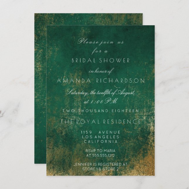Emerald Deep Green Distressed Grungy Gold Bridal Invitation (Front/Back)