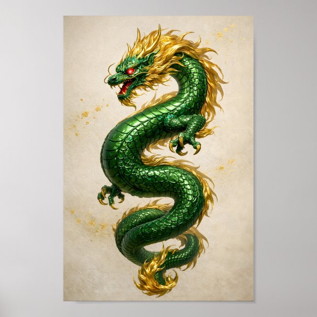 Emerald Dragon with Golden Mane – Mythical Beast Poster (Front)