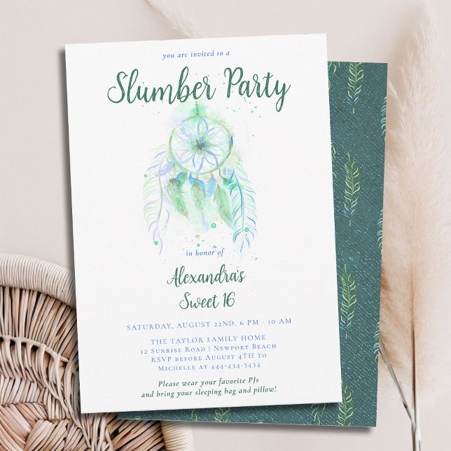 Emerald Dream Catcher Slumber PJ Party Sweet 16 Invitation (sweet 16 slumber party invitation birthday pj sleep over dreamcatcher emerald green watercolor boho)