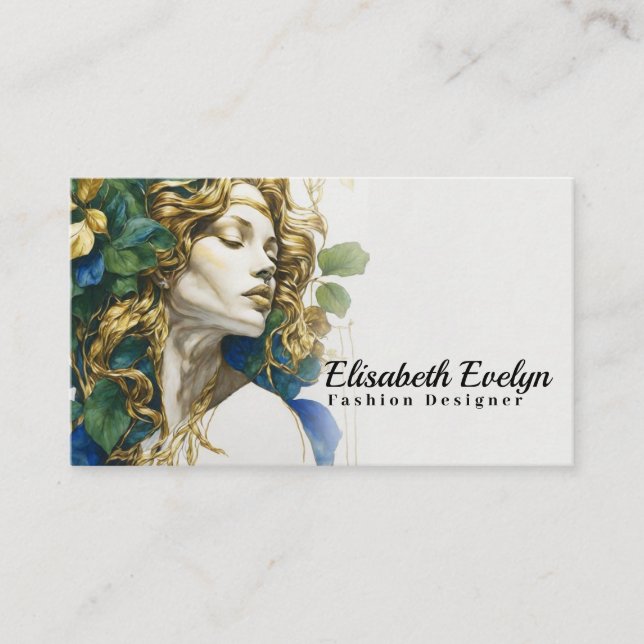 Emerald Dreams in Blue and Gold: Silhouetted Woman Business Card (Front)