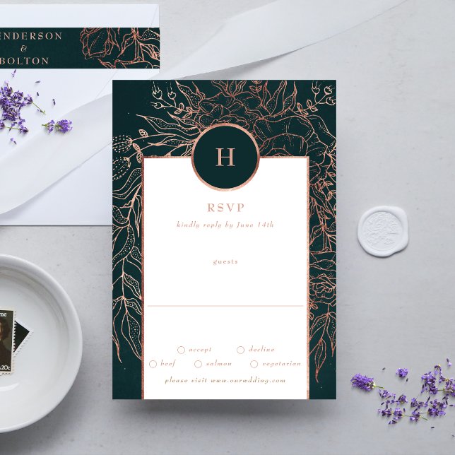 Emerald Dusty Rose Gold Monogram Wreath Wedding RSVP Card (RSVP showcasing suite - additional items (bought separately))