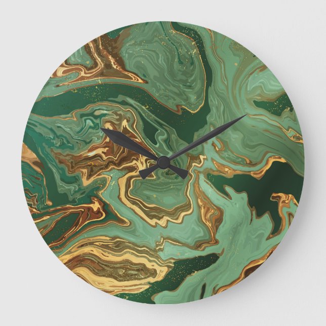 Emerald Elegance: Gold Marble Luxury Large Clock (Front)