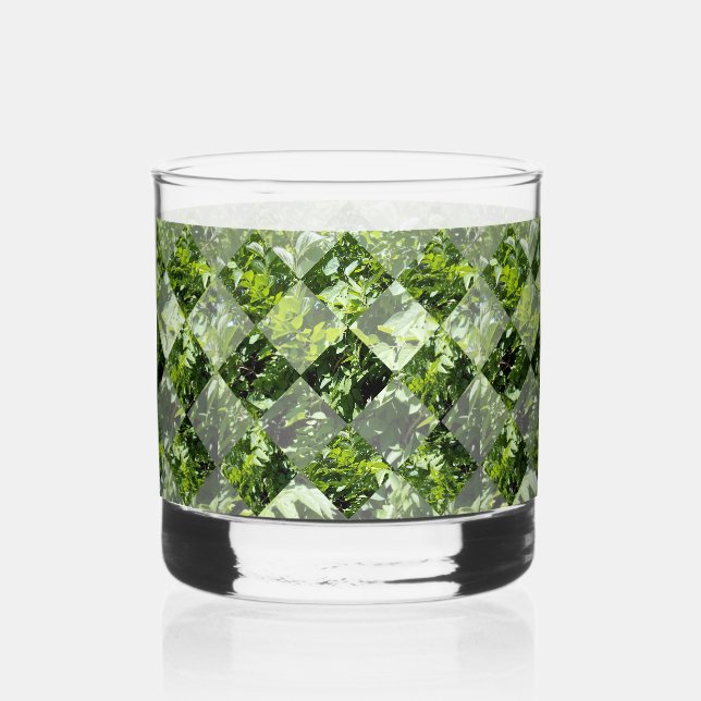 Emerald Elegance: Green Leaves in Diamond Cut, Whiskey Glass (Front)