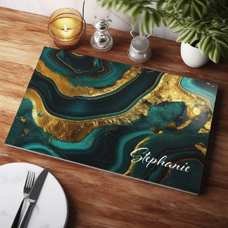 Emerald Elegance:Personilized Green Marble & Gold Cutting Board
