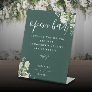 Emerald Elegant Greenery Floral Open Bar Pedestal Sign