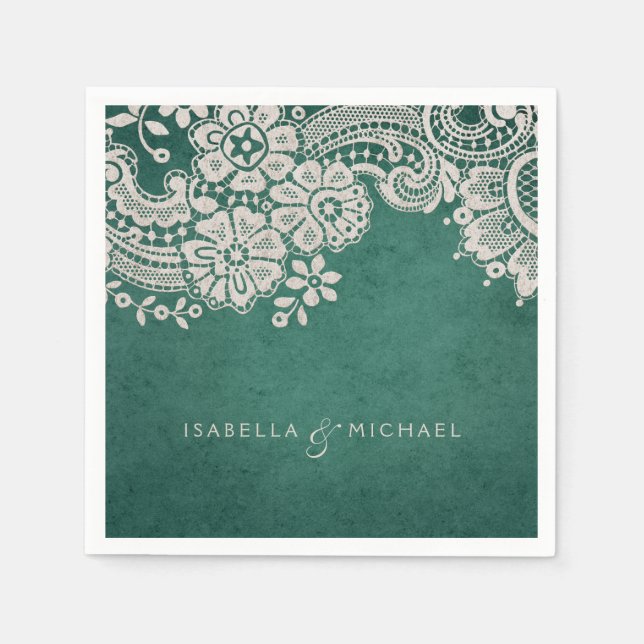 Emerald elegant vintage lace rustic wedding napkin (Front)