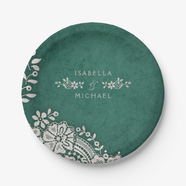 Emerald elegant vintage lace rustic wedding paper plate (Front)