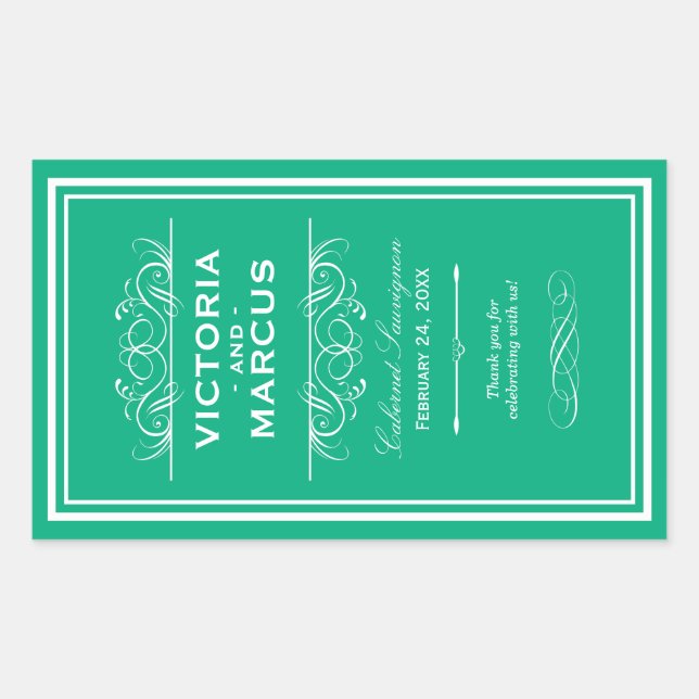 Emerald Elegant Wedding Monogram Wine Bottle Rectangular Sticker (Front)