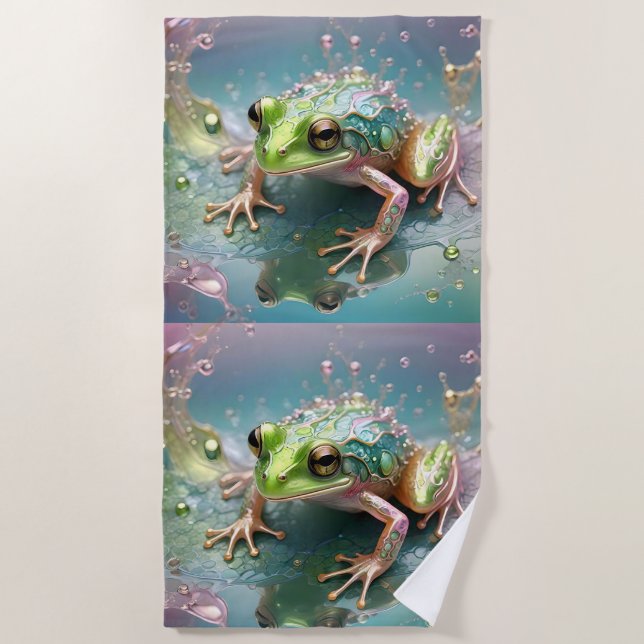 "Emerald Essence: Green Frog in Fractal Art" Beach Towel (Front)