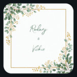 Emerald Eucalyptus Gold Berry Frame Wedding Square Sticker<br><div class="desc">Bring a breath of fresh, organic elegance to your stationery with this vibrant watercolor botanical arrangement. The design features lush clusters of emerald eucalyptus leaf paired with delicate, sun-kissed yellow mimosa berry accents that gracefully adorn the corners. A clean, shimmering gold square frame ties the arrangement together against a crisp...</div>