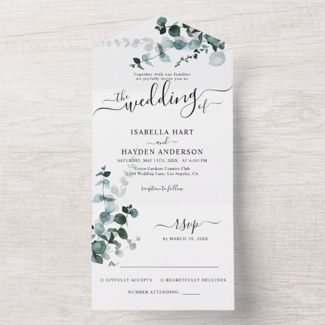 Emerald Eucalyptus Greenery Botanical Wedding RSVP All In One Invitation (Inside)