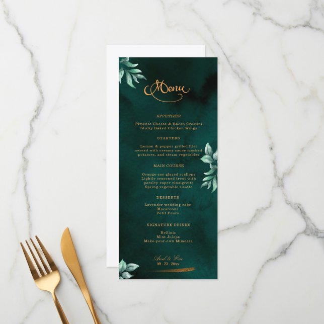 Emerald Eucalyptus Greenery Elegant Script Wedding Menu (Front/Back In Situ)