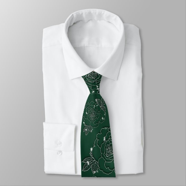 Emerald Evergreen Silver Elegant Wedding Tie (Tied)