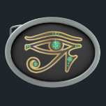 Emerald Eye of Ra in Gold Oval Belt Buckle<br><div class="desc">Beautiful and elegant "Eye of Ra" symbol from ancient Egypt, the symbol of their diety. Gold channels set with beautiful precious stones, perfect for any fan of Egyptian art. Change the background colour by going to Customise it, then Edit, then down to Background, where you can choose from many different...</div>