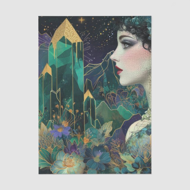Emerald Fantasy Woman Crystals Florals  Decoupage Tissue Paper (Front)