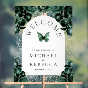 Emerald Floral Arch Butterfly Wedding Welcome Acrylic Sign