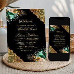 Emerald Floral Gold Lace Black Muslim Wedding Invitation