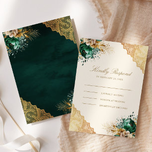 Emerald Floral Gold Lace Cream Muslim Wedding RSVP Card