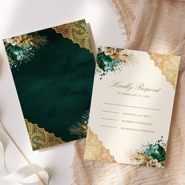 Emerald Floral Gold Lace Cream Muslim Wedding RSVP Card (Creator Uploaded)