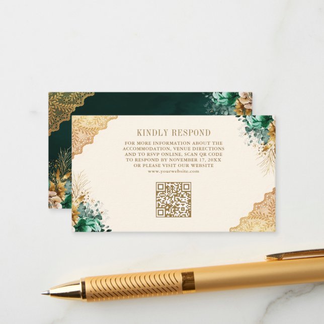 Emerald Floral Gold Lace Cream Wedding QR Code Enclosure Card (Front/Back In Situ)